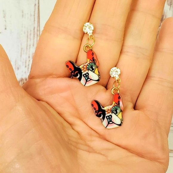 Colorful French Bulldog Earrings - Picture 2 of 3